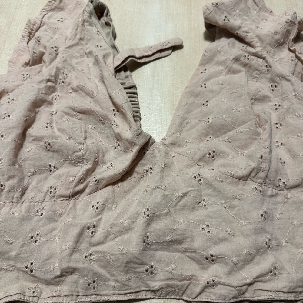 Japna eyelet crop top women XL tan feminine flutter tie back girly cotton dainty